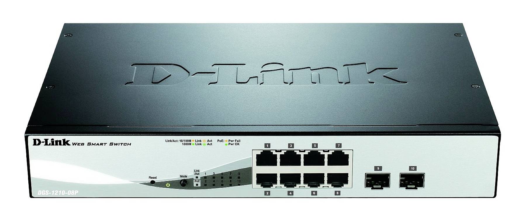 A D-Link Web Smart Switch with eight Ethernet ports and two SFP ports, suitable for enterprise network infrastructures.