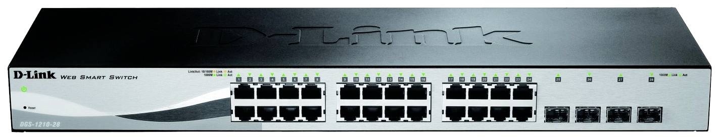 'D-Link Web Smart Switch' with 24 Ethernet ports and 4 SFP ports, black top surface, front panel with lights and connections.