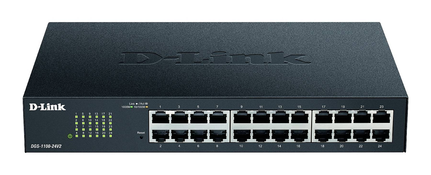 A D-Link network switch with 24 Ethernet ports and LED indicators for connection status. Model number: DGS-1100-24V2.