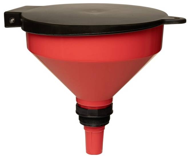 A large red funnel with a black removable cover, designed for oil or fluid transfer, featuring a wide top and a tapered bottom for easy pouring.