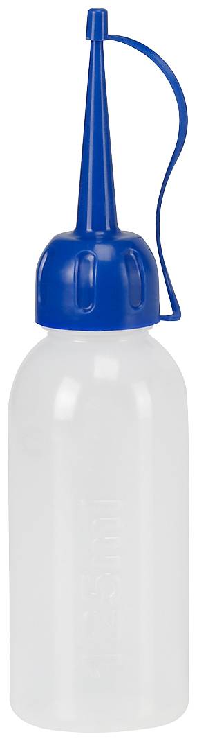 A transparent plastic bottle with a blue, narrow dispensing tip and a flexible handle.