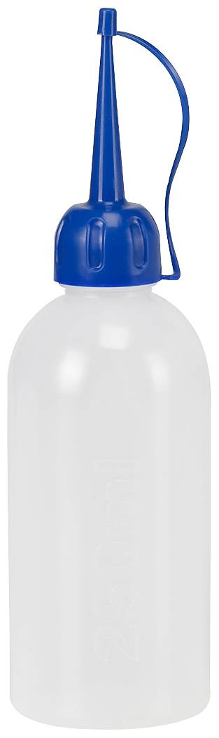 A transparent plastic bottle with a blue tip and cap, commonly used for dispensing liquids in the kitchen or laboratory.