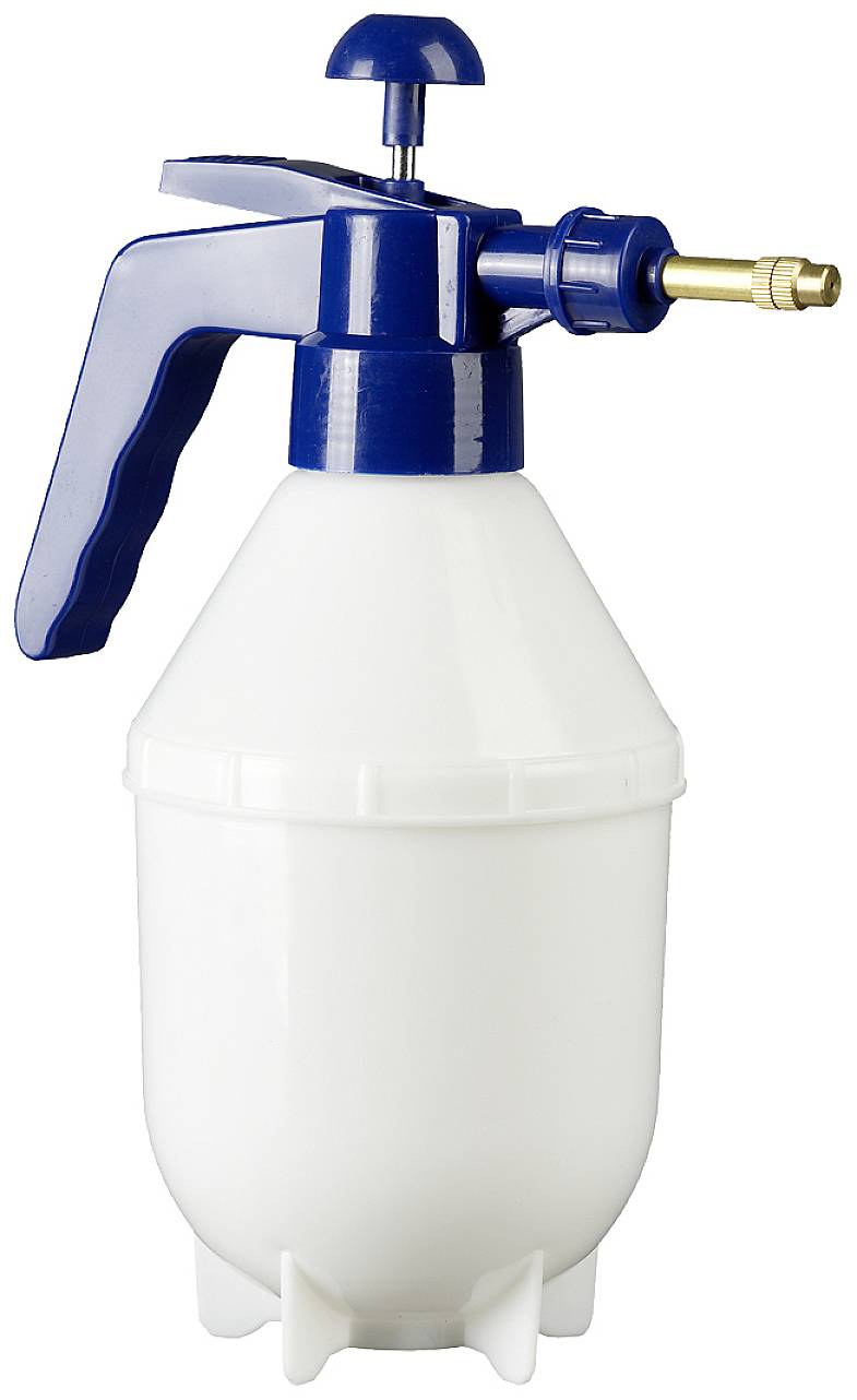 A white pump sprayer with a blue handle and pressure button. The sprayer has a brass nozzle and a sturdy plastic container.