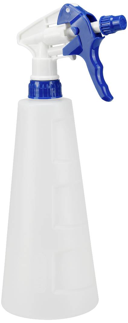 A white spray bottle with a blue spray nozzle, standing upright.