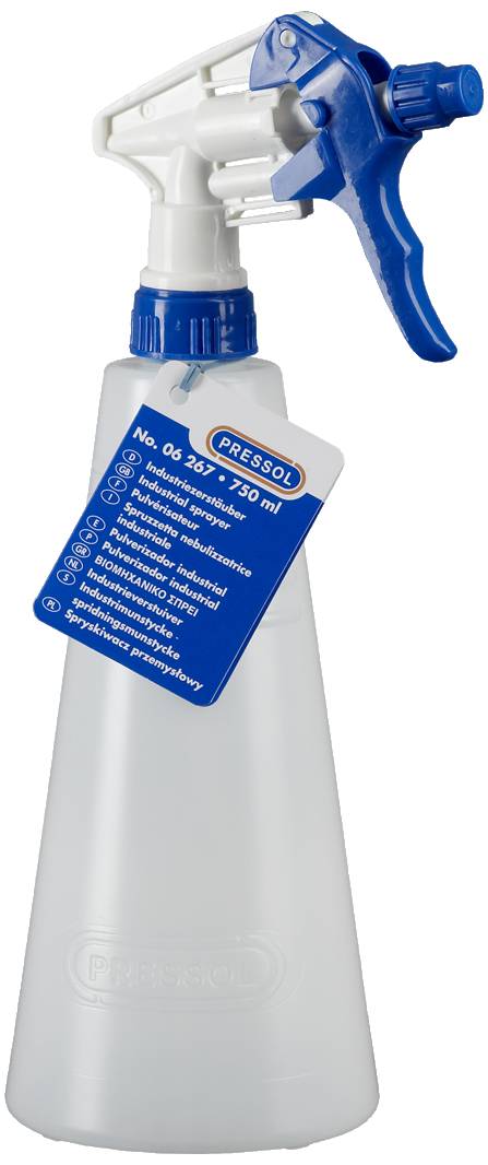 Spray bottle with blue spray nozzle and 'PRESSOL' label. Capacity 750 ml, transparent design, versatile for multiple uses.