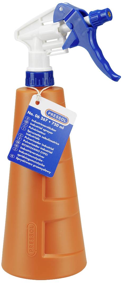 Orange spray bottle with blue nozzle and label. Suitable for use with cleaning products and labelled in multiple languages.