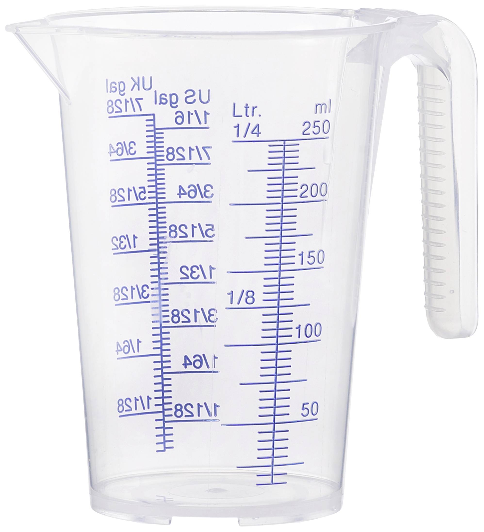 Transparent measuring jug with blue scale, showing measurement units in millilitres, litres and US and UK gallons.
