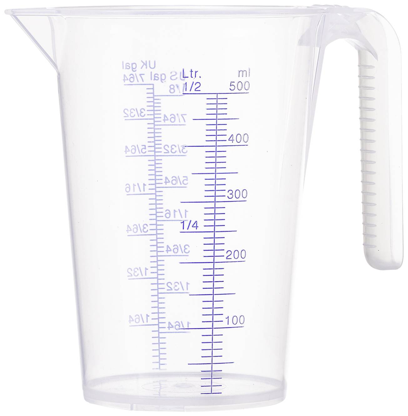 Measuring jug made of transparent plastic with scale in millilitres and litres up to 500 ml. Ergonomic handle on the right-hand side.