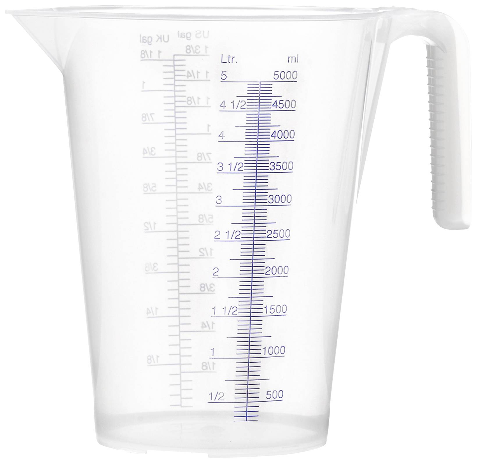Plastic measuring jug with handle, millilitre and litre scale, maximum capacity 5 litres.