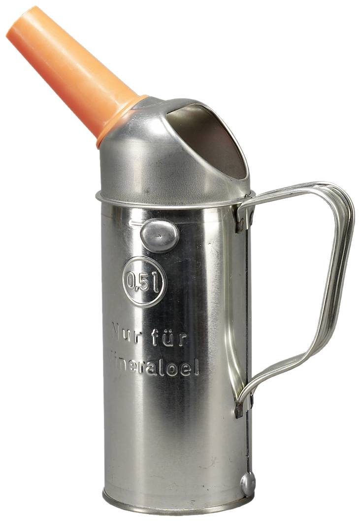 Metal jug with handle and narrow spout, labelled 'For Mineral Oil Only'.