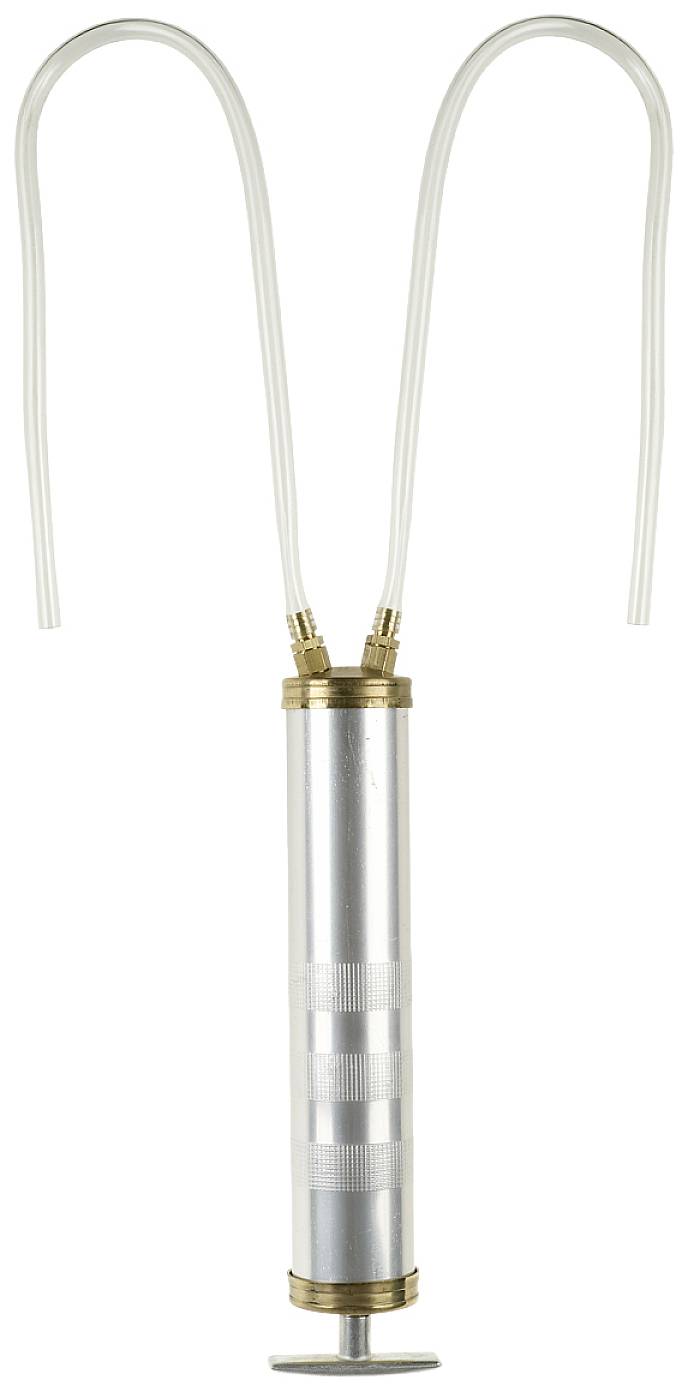 A silver manual pump with two flexible hoses curved upwards.