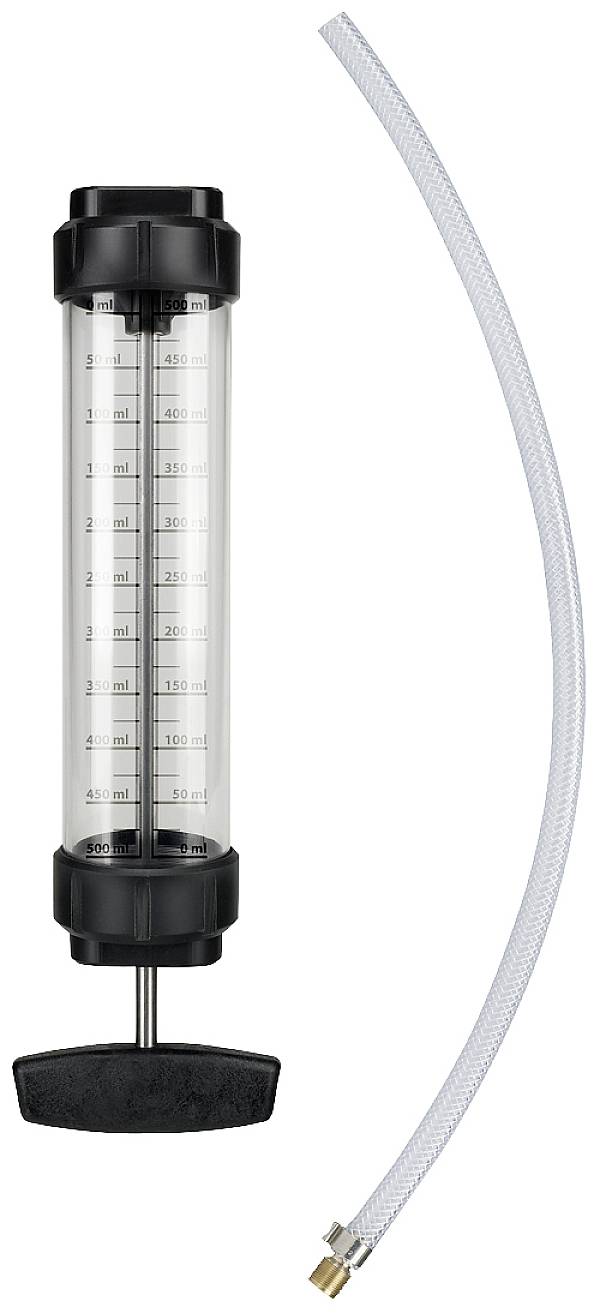 A black hand pump with a transparent cylinder and measuring scale. Beside it, a flexible hose that can be connected to the pump.