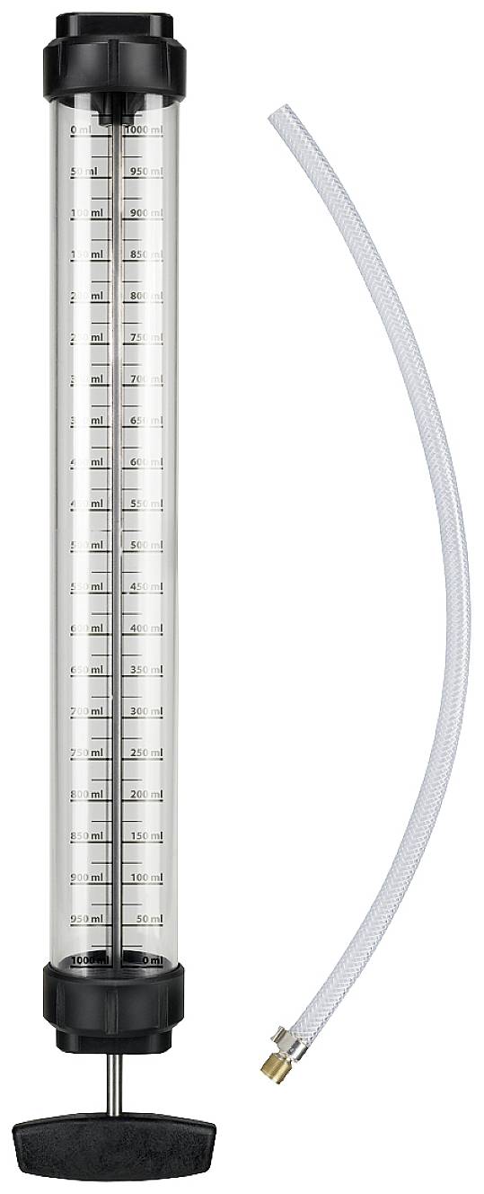 A manual liquid suction pump with a transparent cylinder and measurement scale. A flexible hose with a brass connection is beside it.