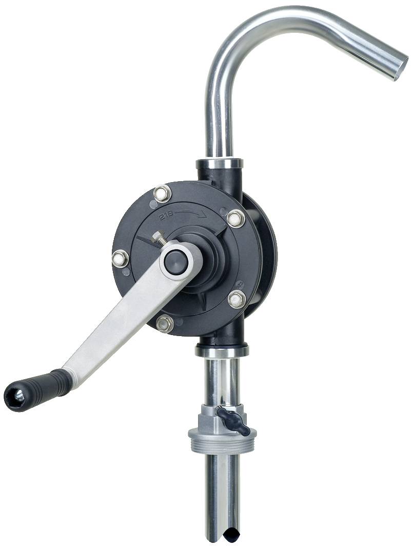 Manual metal hand-operated pump with curved spout and mounting adapter, suitable for liquid transfer.