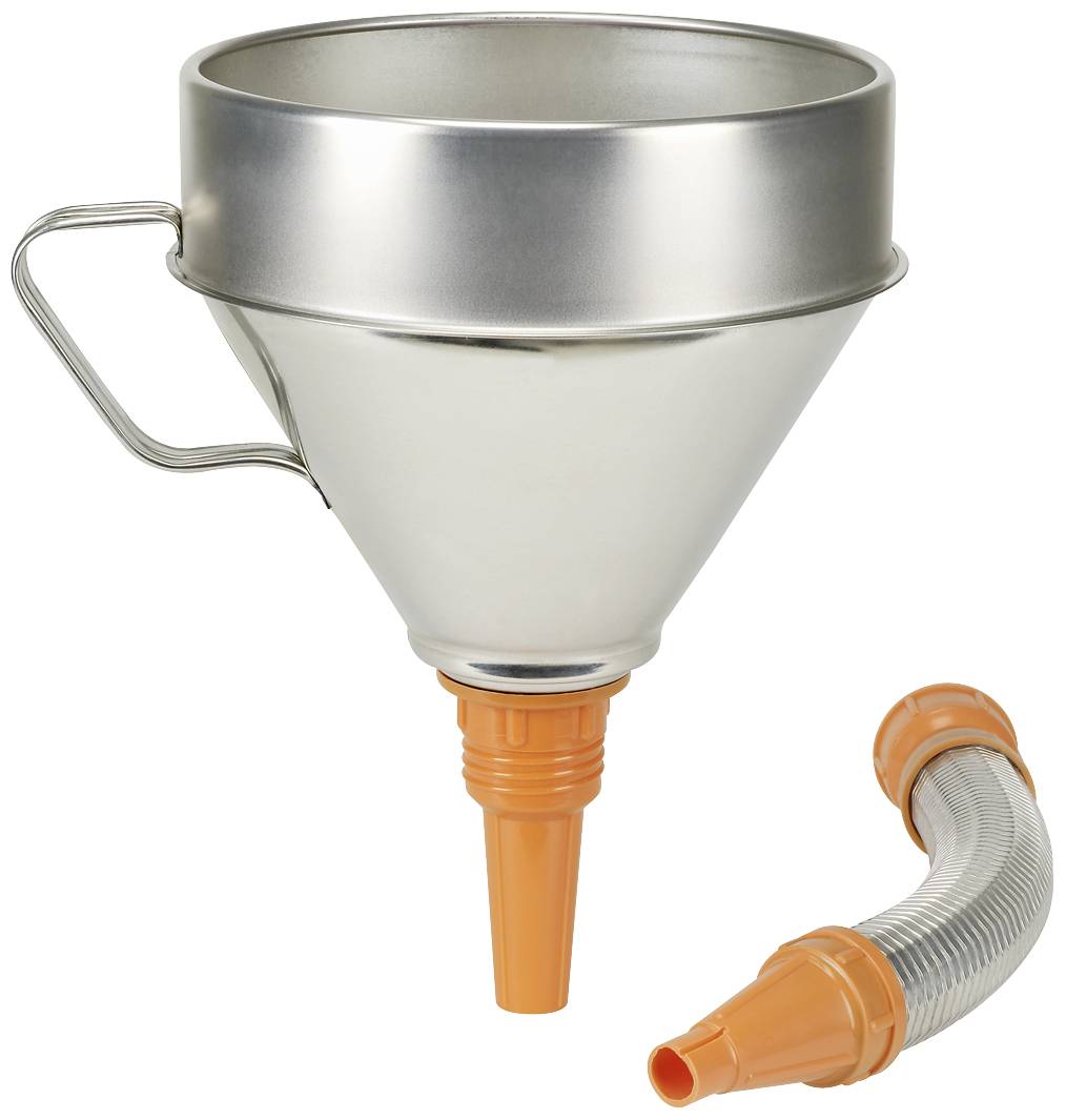 Metal funnel with handle and orange flexible hose, used for transferring liquids.