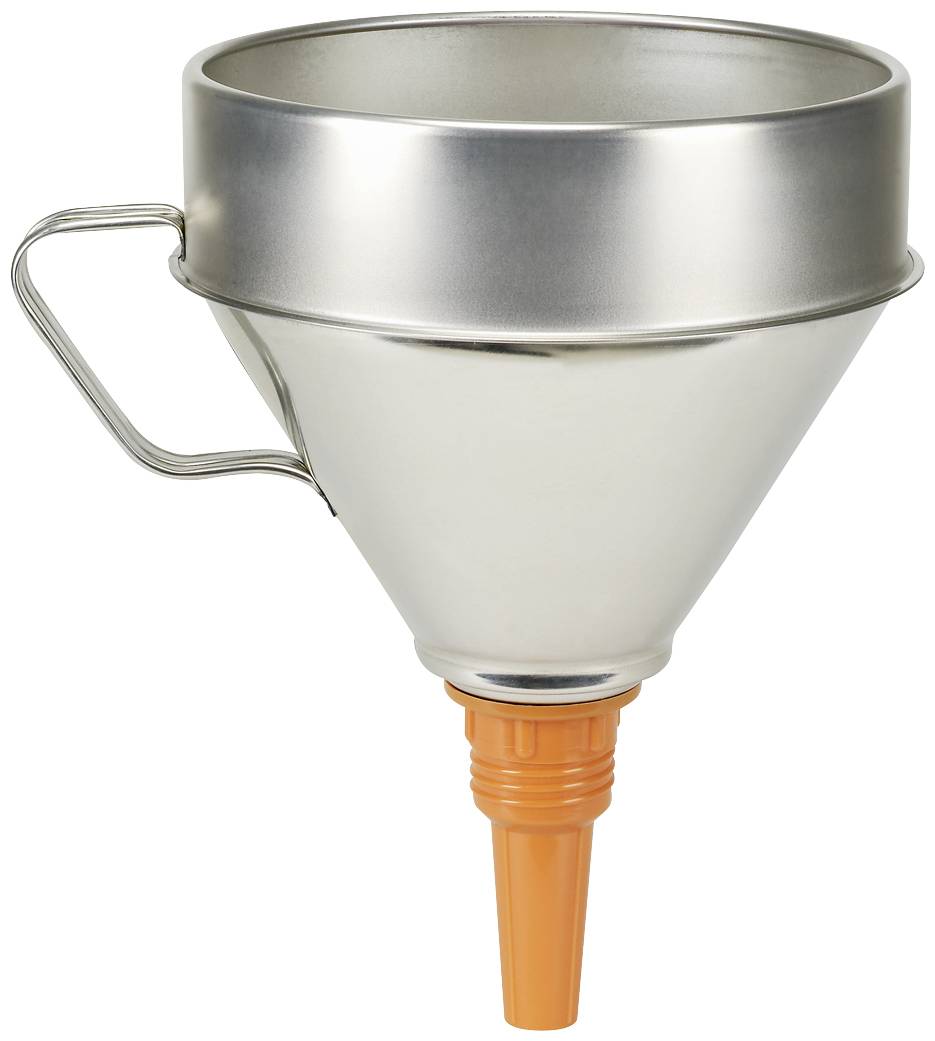 Metal funnel with handle and orange spout, ideal for pouring liquids or powders into narrow containers.