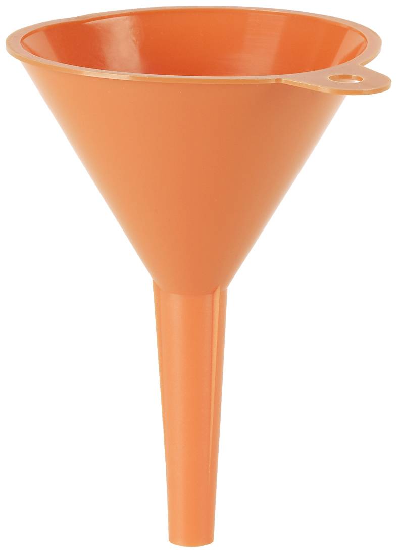An orange plastic funnel, suitable for transferring liquids or fine powders.