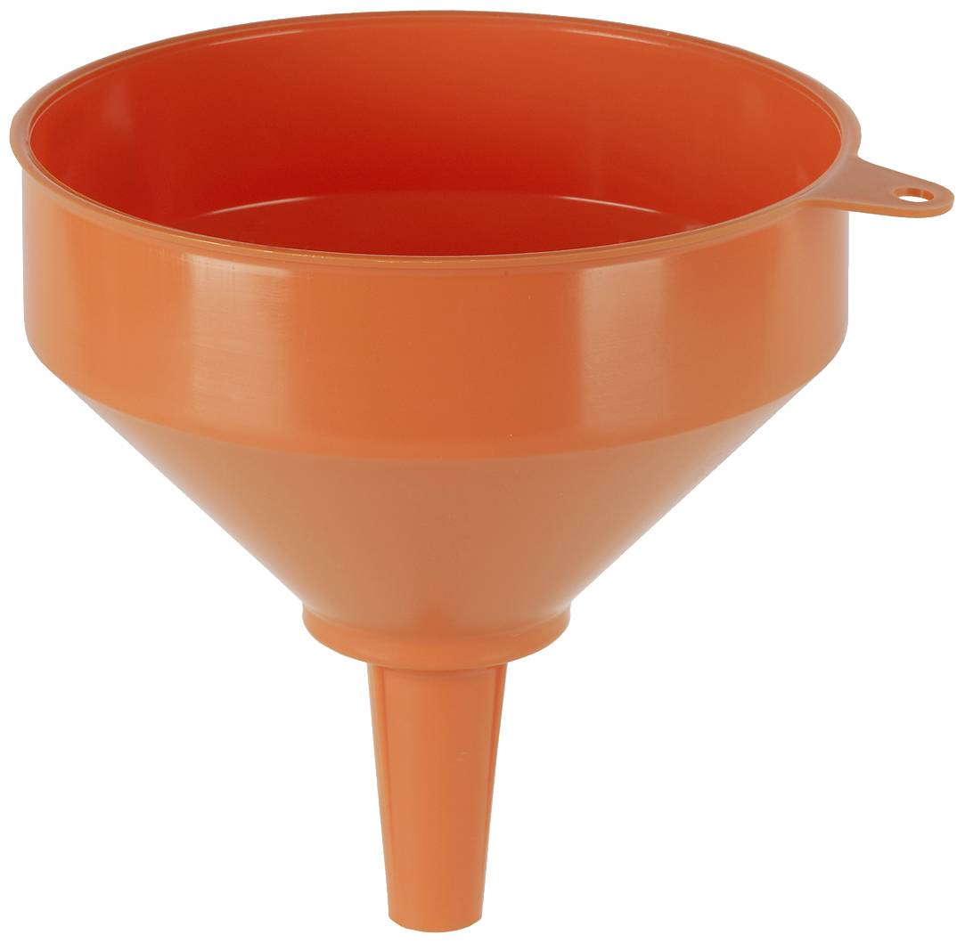 An orange plastic funnel with a wide opening and narrow spout. Suitable for pouring liquids into narrow containers.
