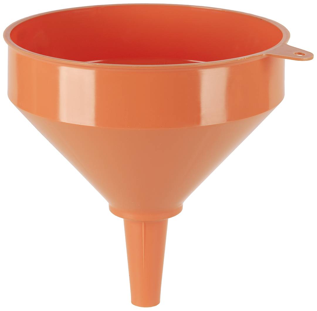 An orange plastic funnel with a wide opening and narrow spout. Ideal for pouring liquids.