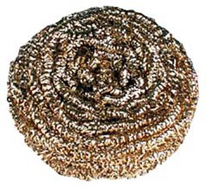 A copper wire spiral scraper is used for cleaning surfaces, removing stubborn dirt and rust by scrubbing.