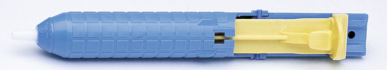 A blue and yellow safety lancet device for blood sampling.