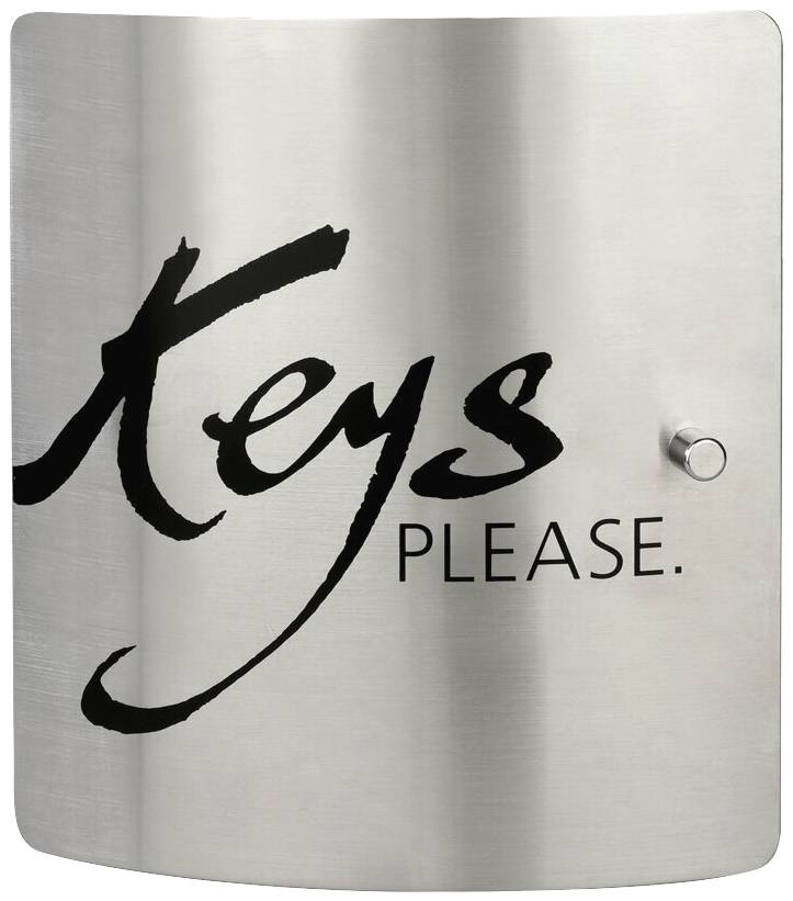 A silver metal box with the inscription 'Keys Please.' in black lettering.