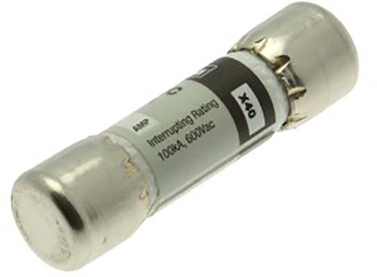 Electrical fuse with metal end caps and label printed with the inscription 'Interrupting Rating 100kA, 600V a.c.'