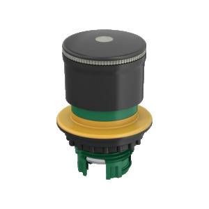 A black, round push button with a yellow base and green connection, used for controlling machines or electronic devices.