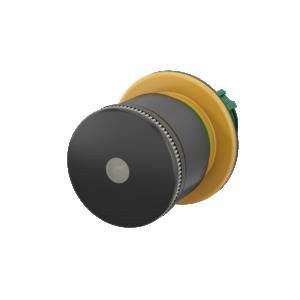 A black, round button with a small grey dot in the centre, surrounded by a yellow ring.