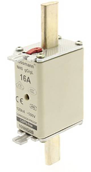 An NH fuse 16A, 500V, for electrical protection. Rectangular in shape with two metallic terminals at the top and bottom.