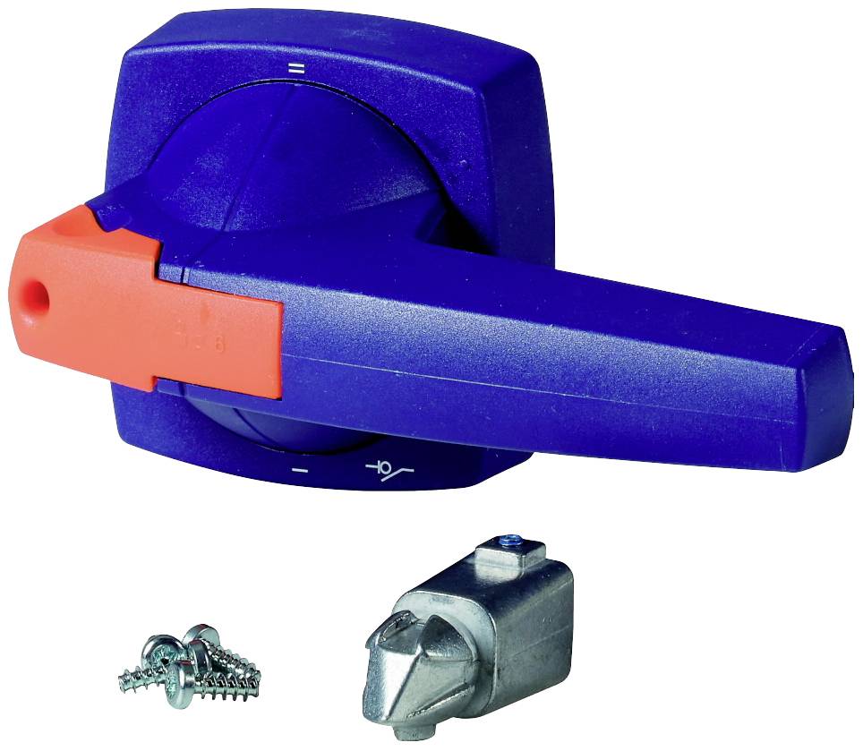 Blue and red handle for switching devices with screws and metal part underneath.