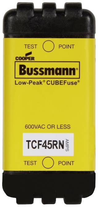 Yellow Cooper Bussmann CUBEFuse, Model TCF45RN, for 600VAC or less. Text 'Low-Peak' and 'TEST POINT' on both sides.