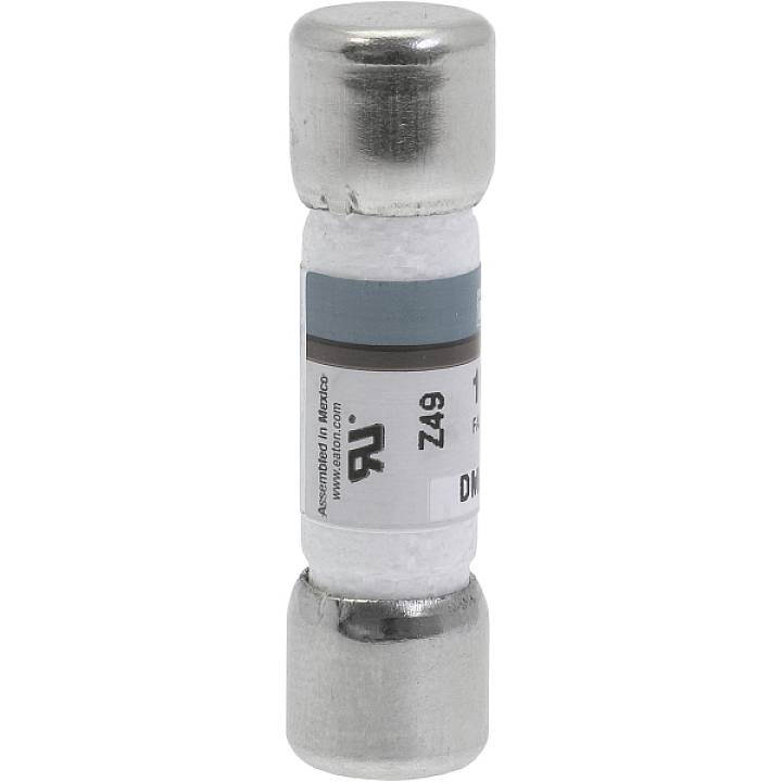 Close-up of a cylindrical glass fuse with metal end caps, designed to protect electrical circuits from overload.