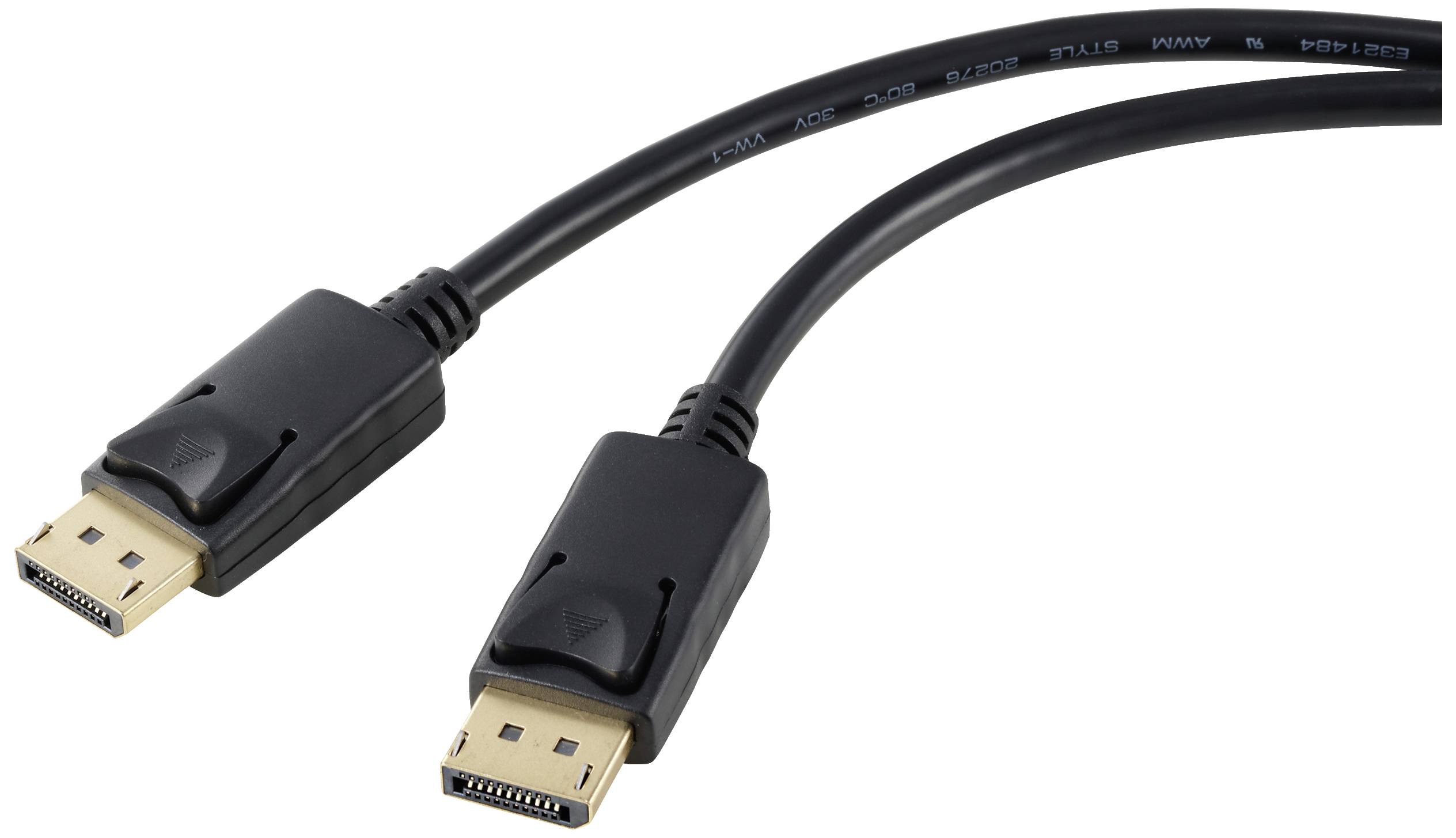 Two black DisplayPort cables with rectangular plugs, suitable for connecting computer monitors to graphics cards.