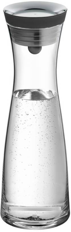 A glass water carafe with sparkling water, sleek design and lid. Suitable for elegant drink service.