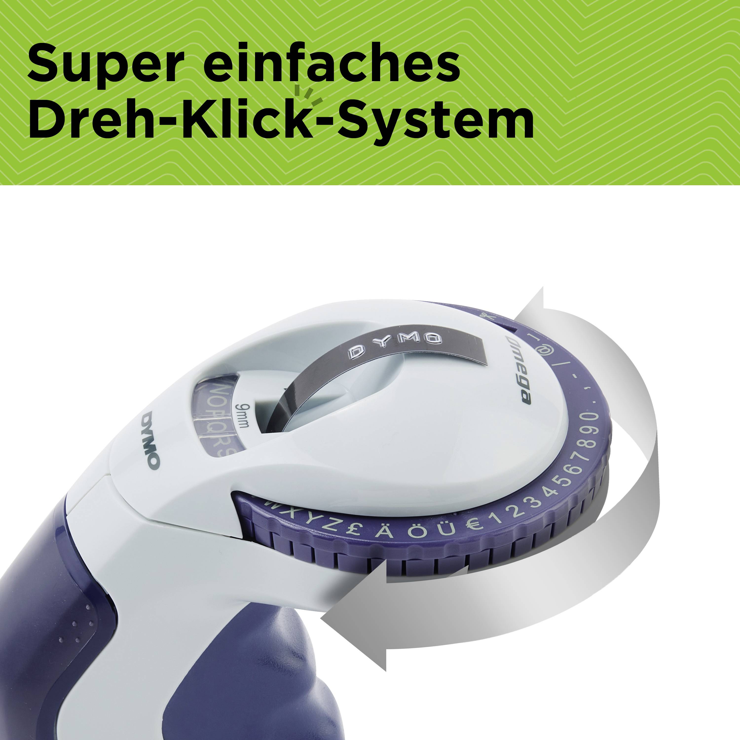 A labelling device with '9 mm' and letter wheel. The text above reads 'Super simple twist-click system'.