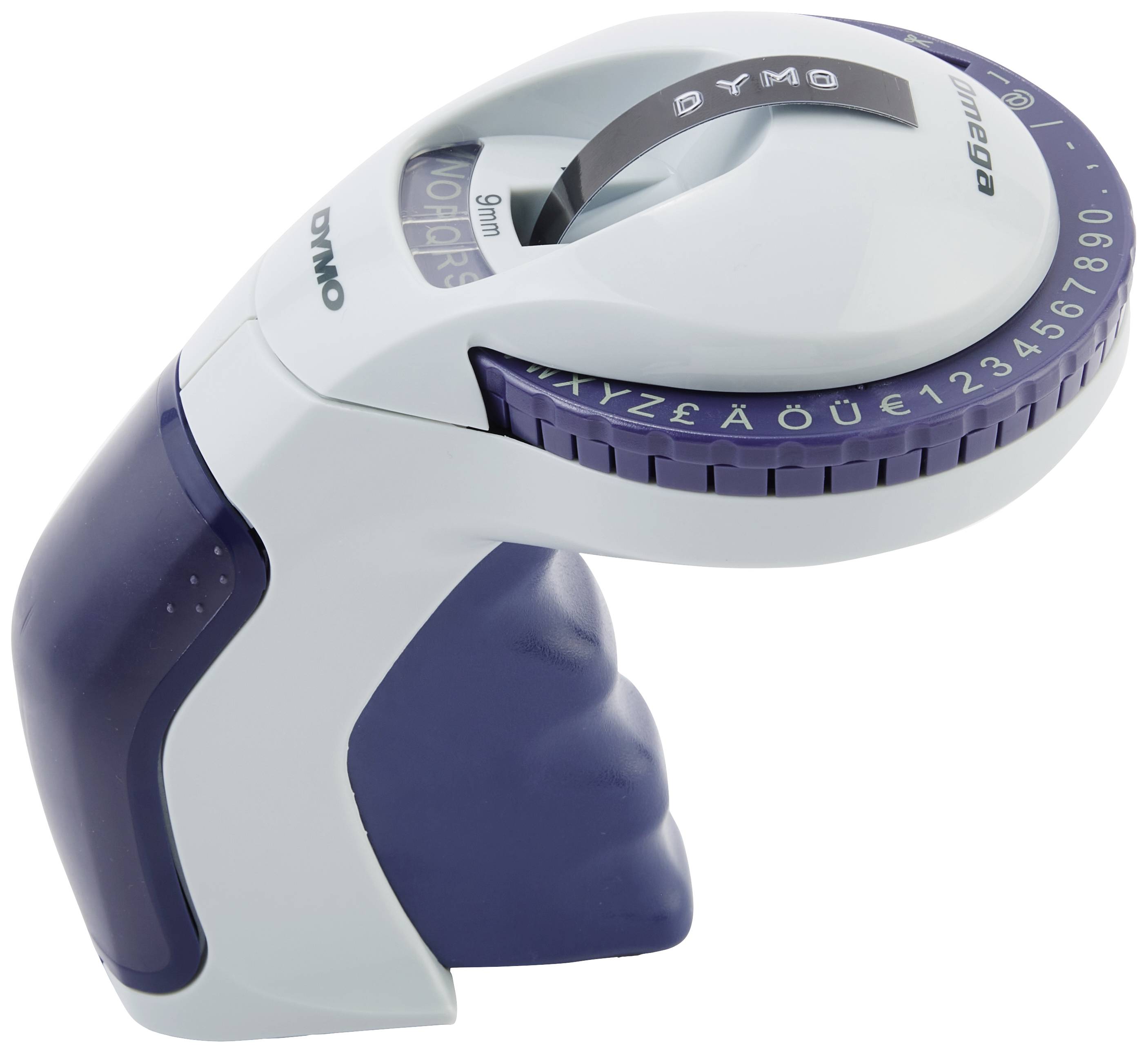 White and blue label maker with a rotary dial displaying letters and numbers, used for creating labels.