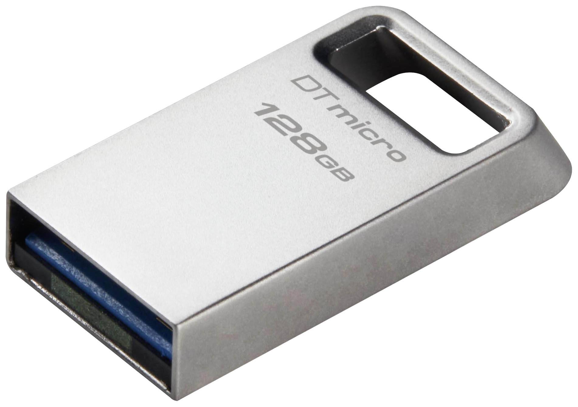A silver USB stick with the inscription 'DT micro 128 GB', compact and rectangular, with a blue connector on the front.