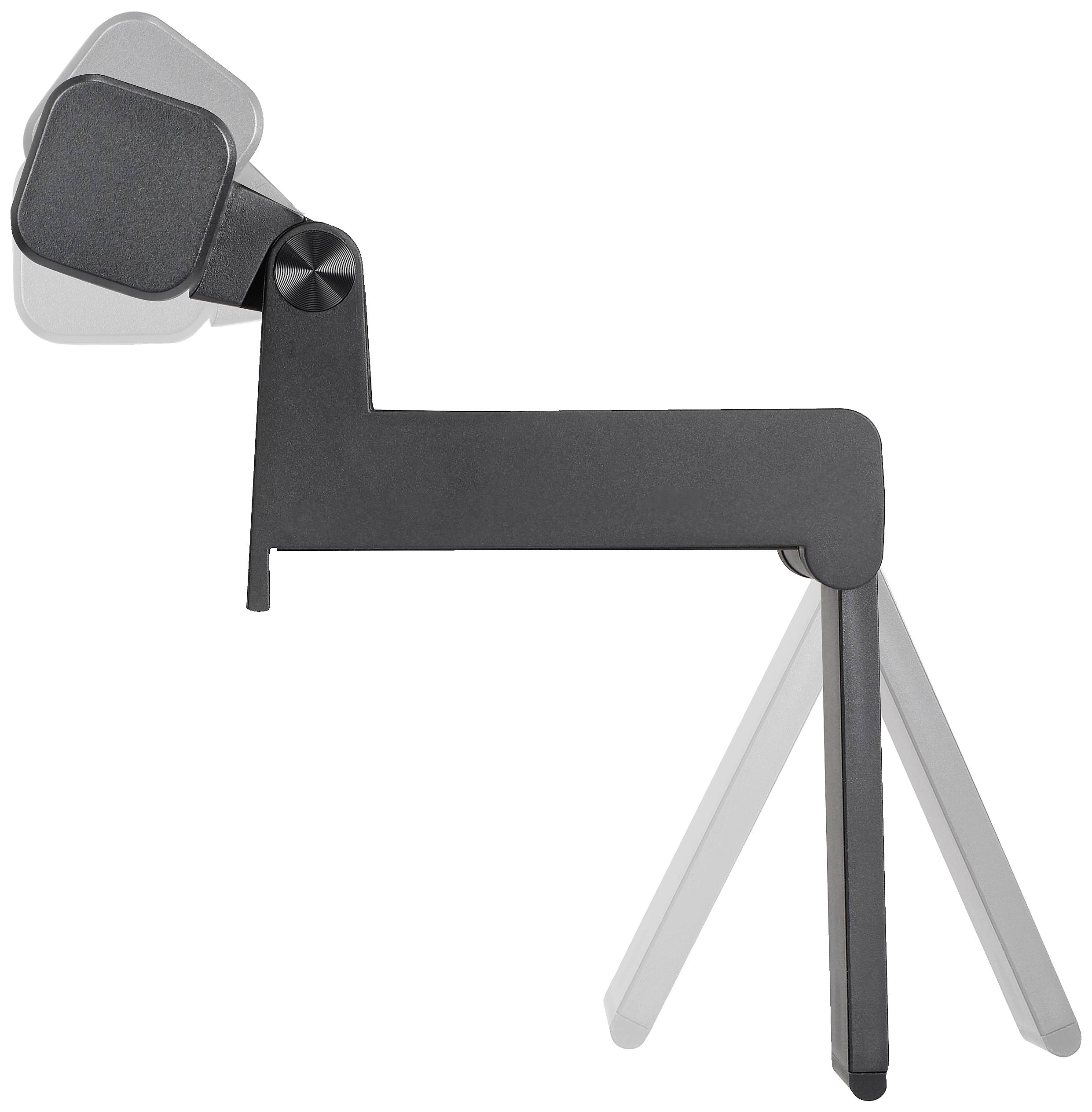 A black, metallic mobile phone holder in the shape of a dog with movable legs, standing on a light background.