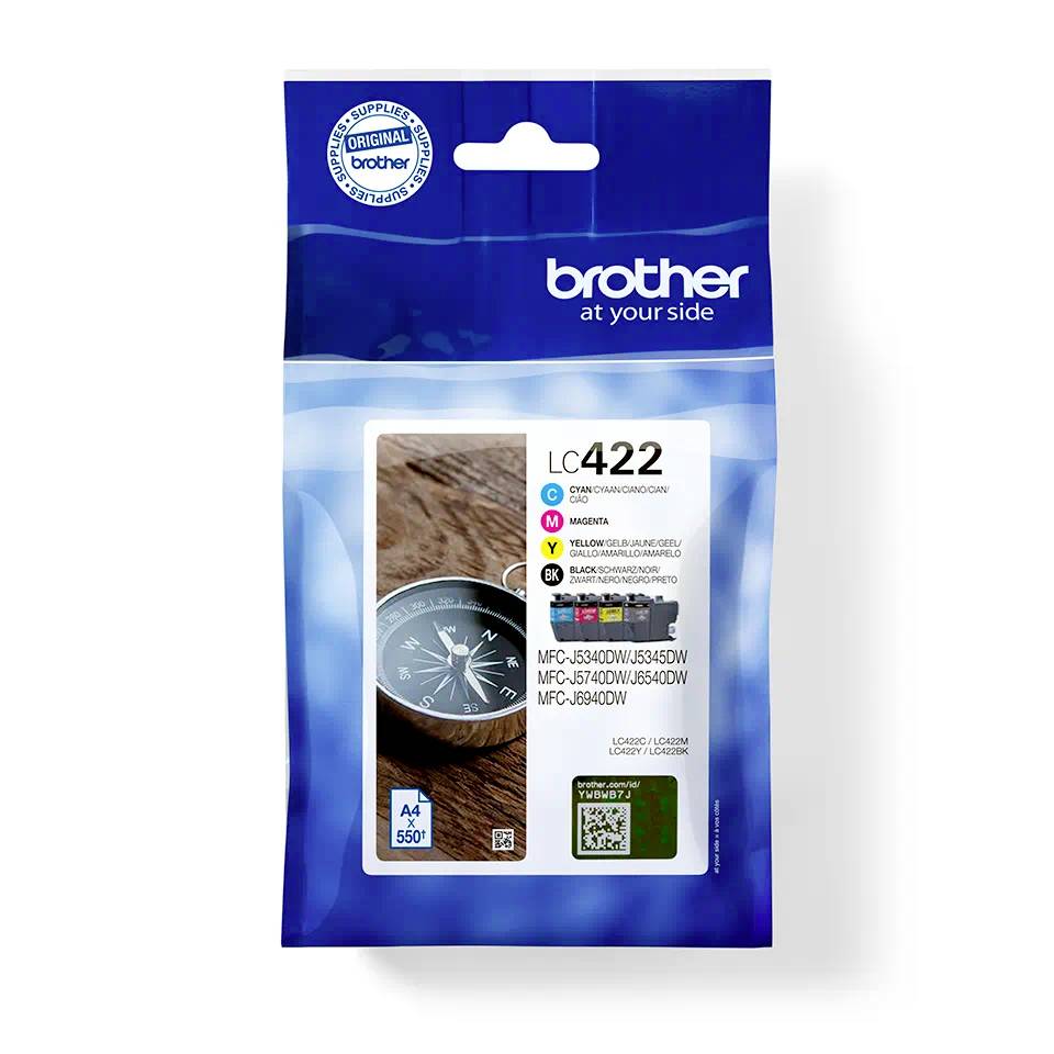 Cartridge 'LC422' by Brother, suitable for printer models MFC-J5340DW/J6540DW/J5740DW/J6940DW; Colour: Cyan. Packaged with Brother logo.