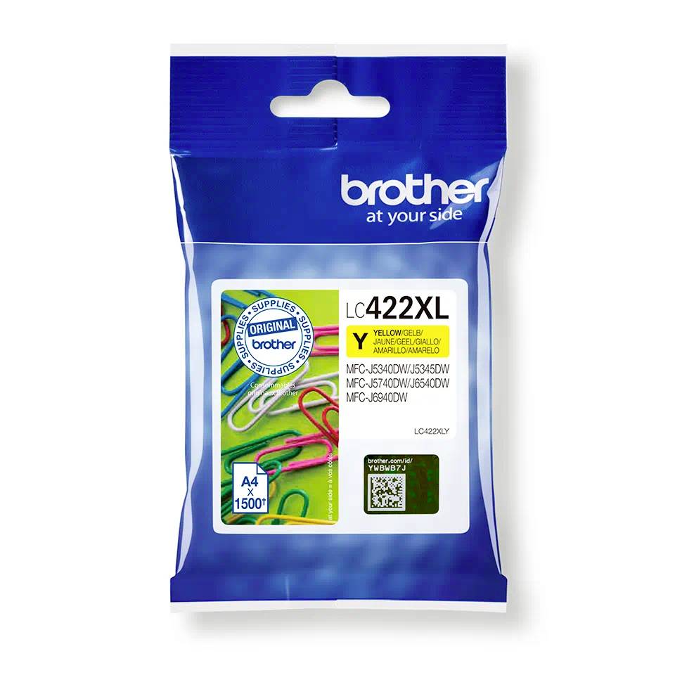 Packaging for Brother printer ink, yellow, Model LC422XL. Shows some colourful paperclips. Contains QR code and product information.