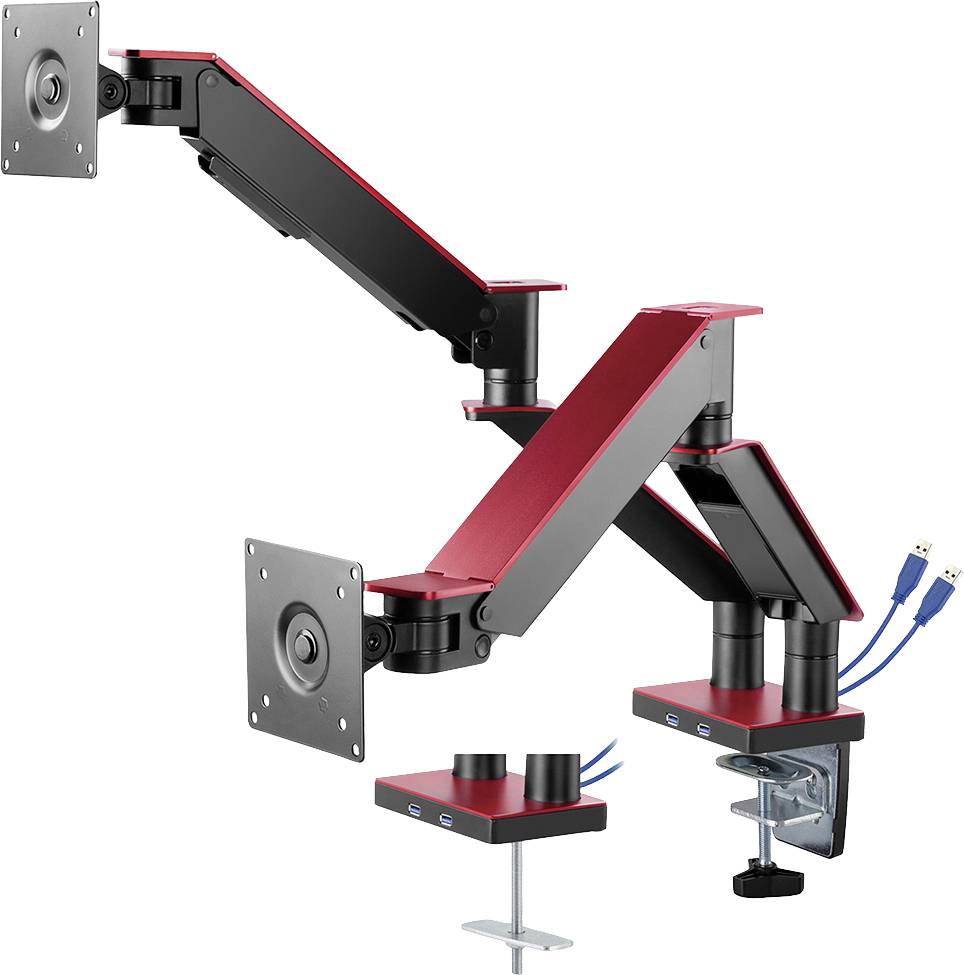 Dual-arm monitor mount in red and black, featuring USB ports, designed for desk edge attachment, with adjustable height and tilt.