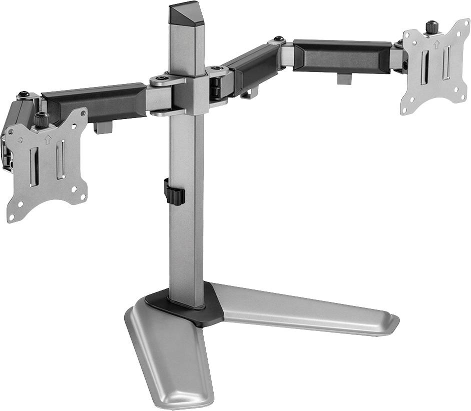 Metal dual monitor stand with adjustable arms, suitable for two screens. Sturdy base for secure positioning.