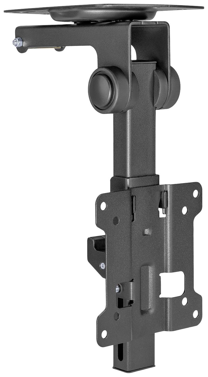 A black, adjustable VESA monitor mount with swivel and tilt mechanism and mounting holes for office furniture installations.