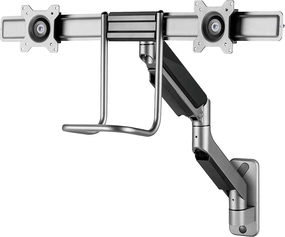 A double metal monitor mount with adjustable arms and cable management loop, suitable for office or home workspaces.