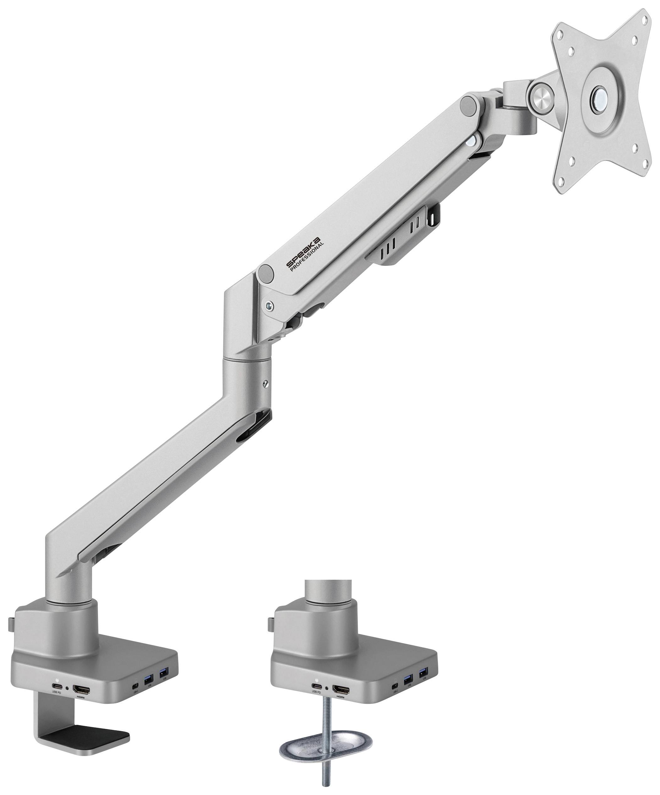 Adjustable Monitor Arm in Silver, Suitable for Desks. Equipped with USB Ports at the Base for Additional Connectivity.