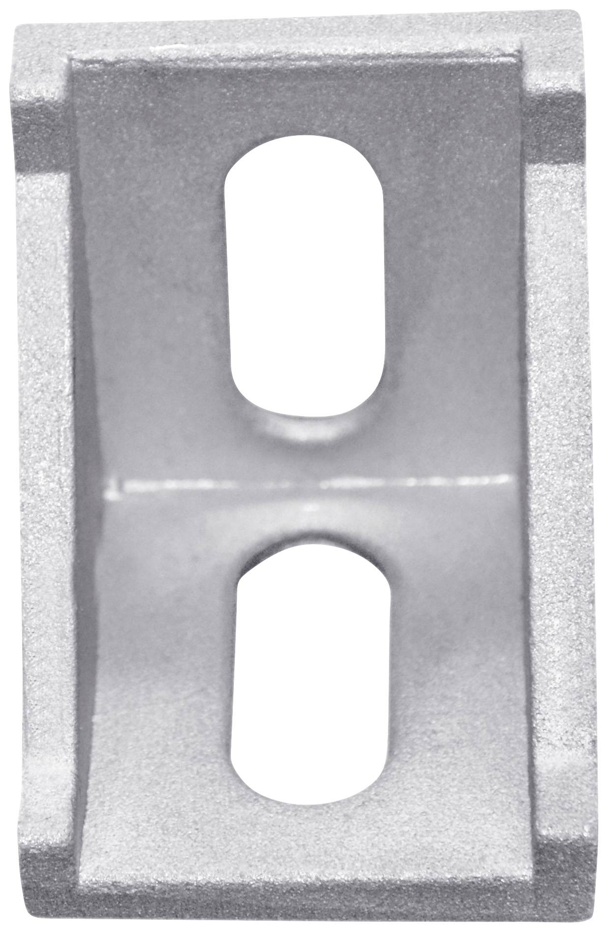 Metal angle bracket with two oval openings in the centre, likely part of a larger mounting system or construction element.