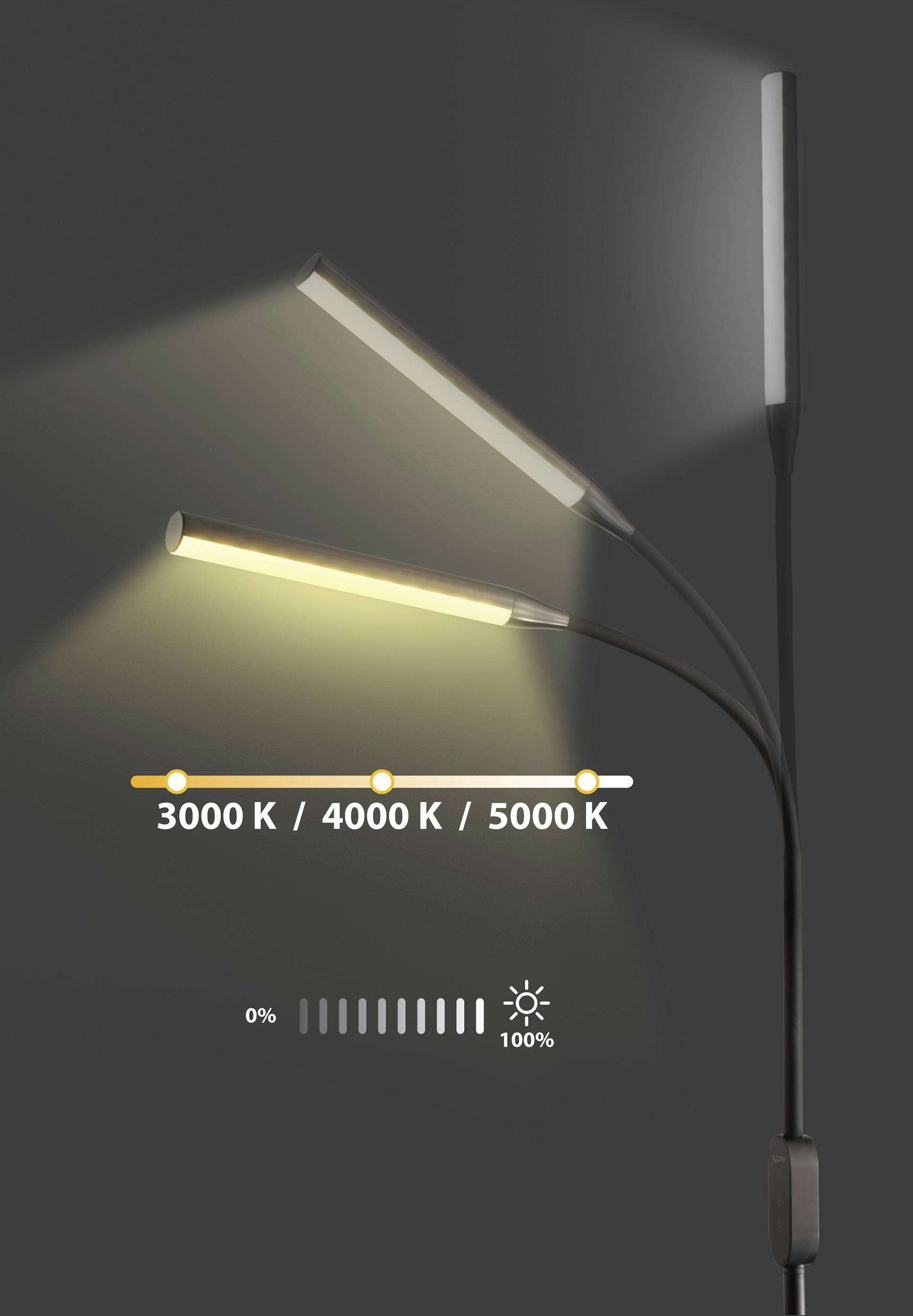 Floor lamp with adjustable lights, displays various colour temperatures: '3000 K', '4000 K', '5000 K' with brightness control.