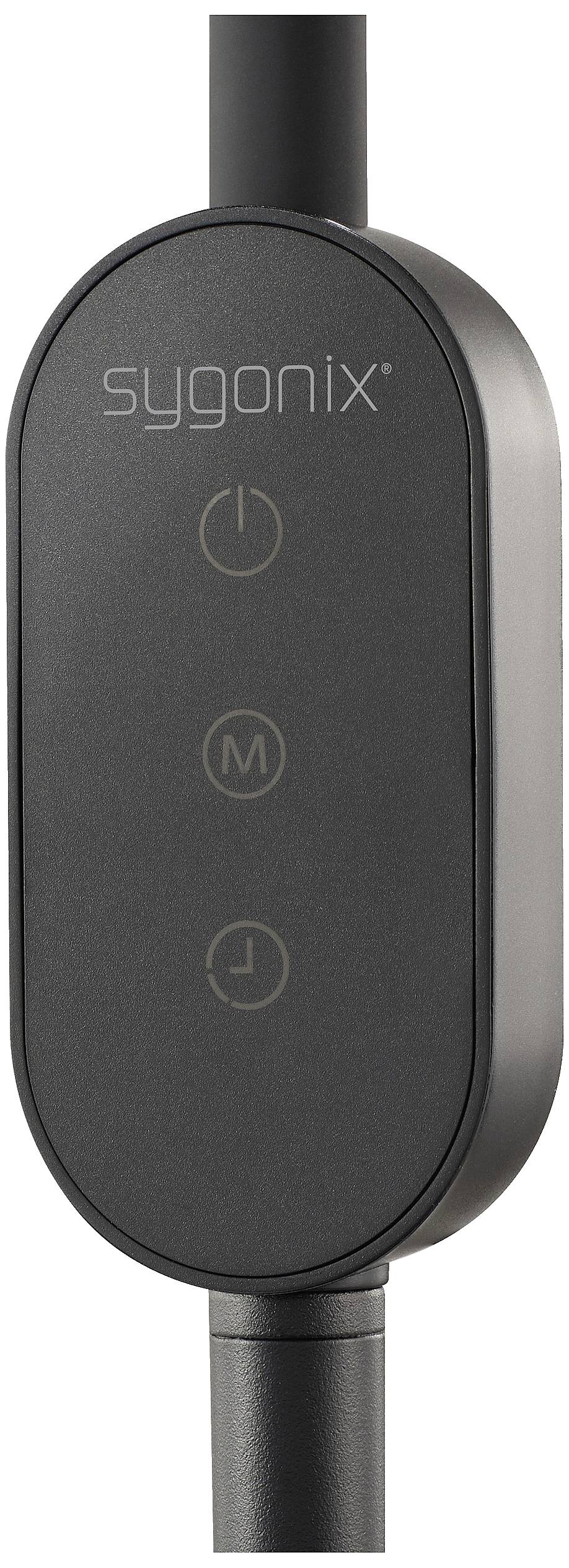 Black and grey oval switch with three symbols for on/off, mode, and timer, labelled 'sygonix'.