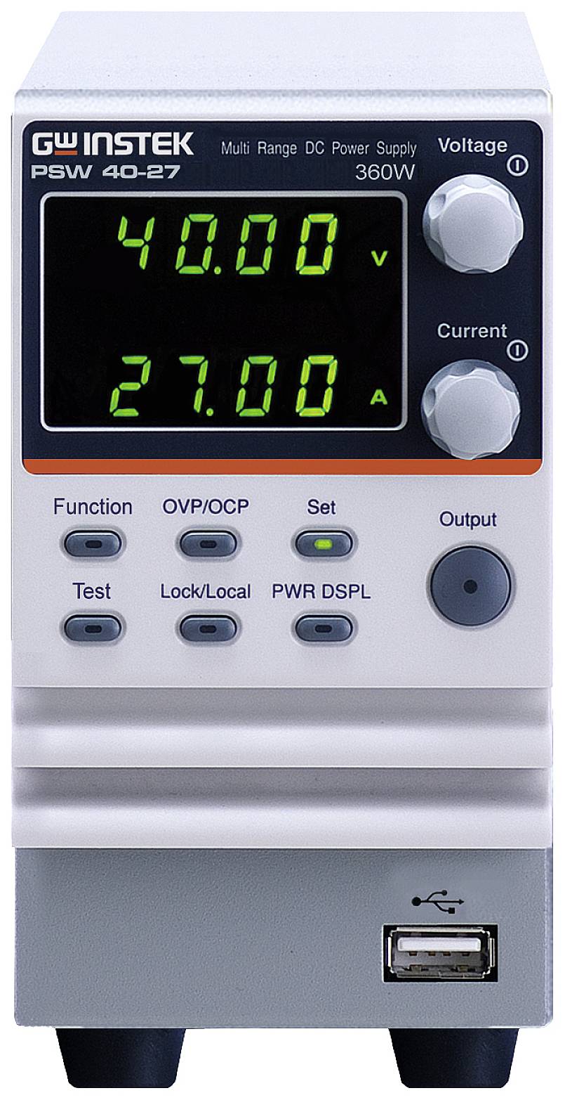 An electrical DC power supply shows '40.00 V' voltage and '27.00 A' current on the display.